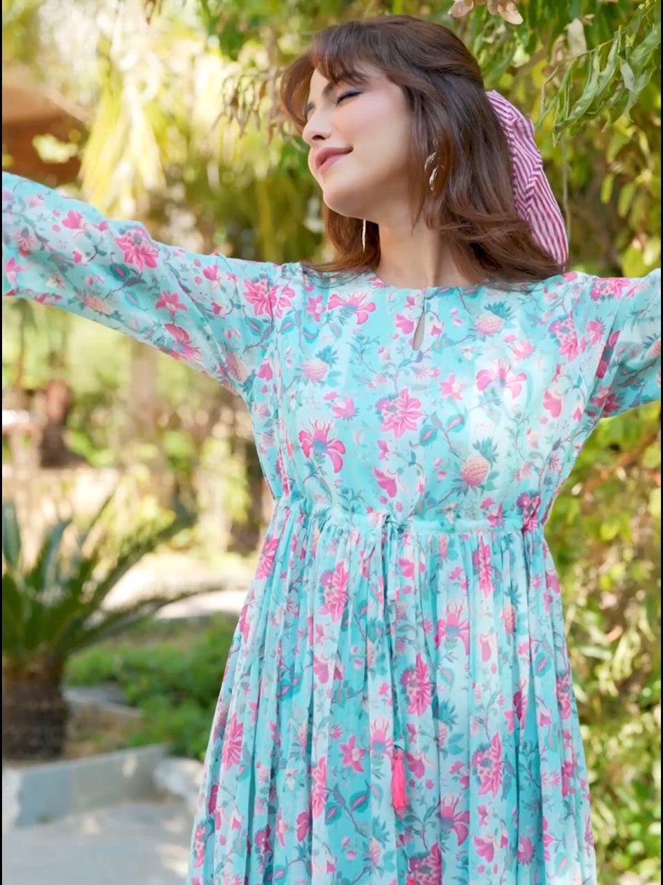 Buy Janasya Women's Turquoise Georgette Floral Printed Tiered